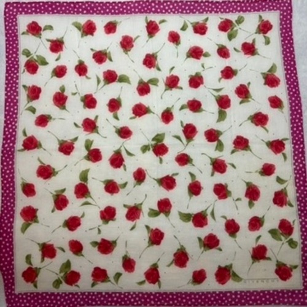 Vtg GIVENCHY Scarf Handkerchief Rose Floral Cotton White Red Pink 17.5"